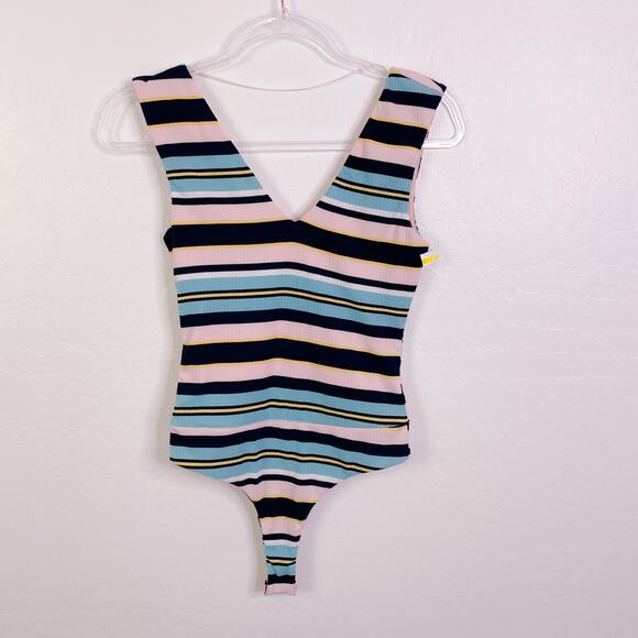 AFRM Striped Ribbed Double V-Neck Sleeveless Bodysuit Pastel Pink size XS NWOT - Picture 1 of 10